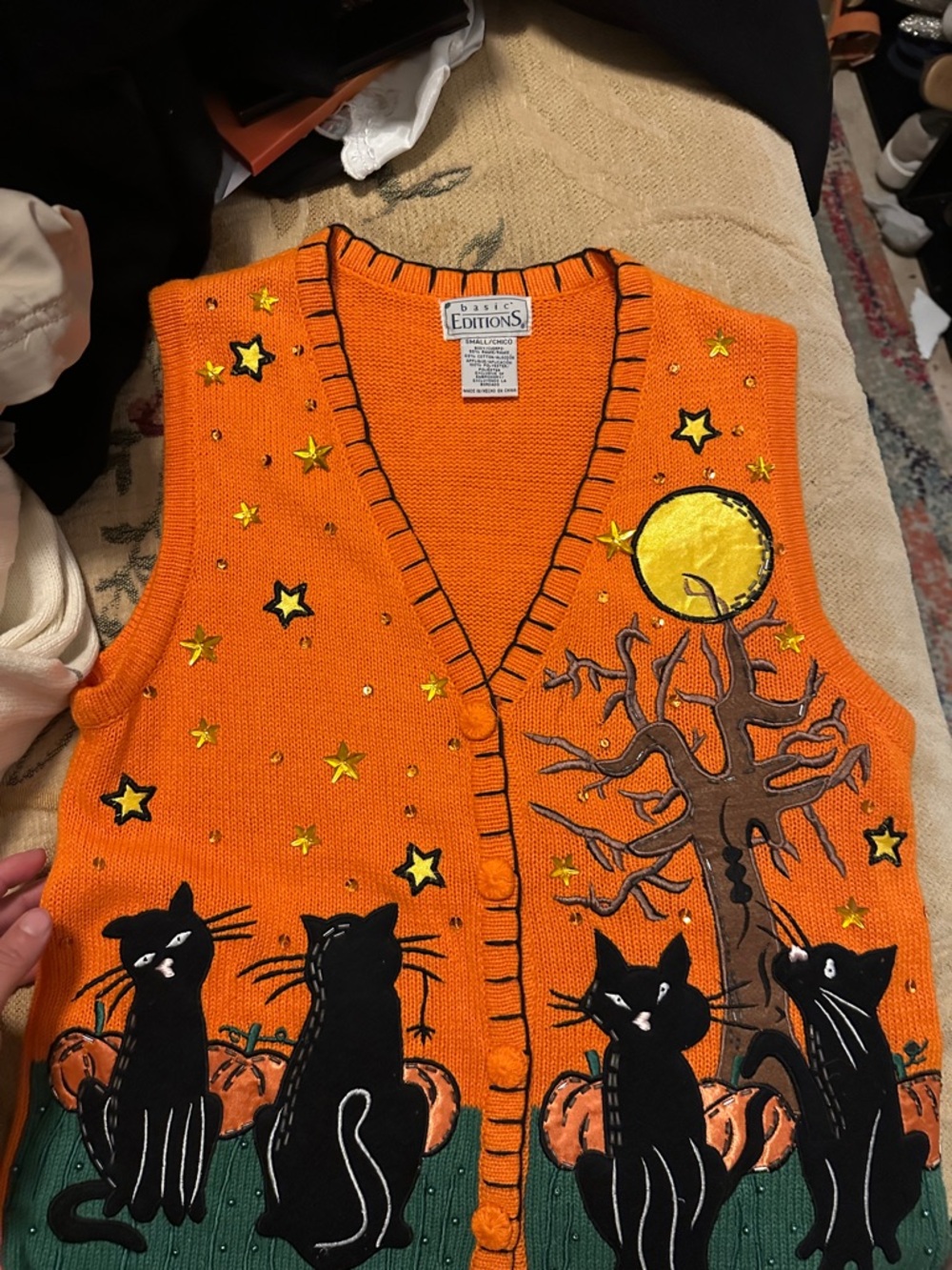 Basic Editions Bright Orange Halloween Cat Sweater Vest